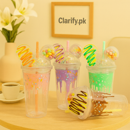Set of cute water sipper for kids in pink purple green and chocolate designs with colorful candies