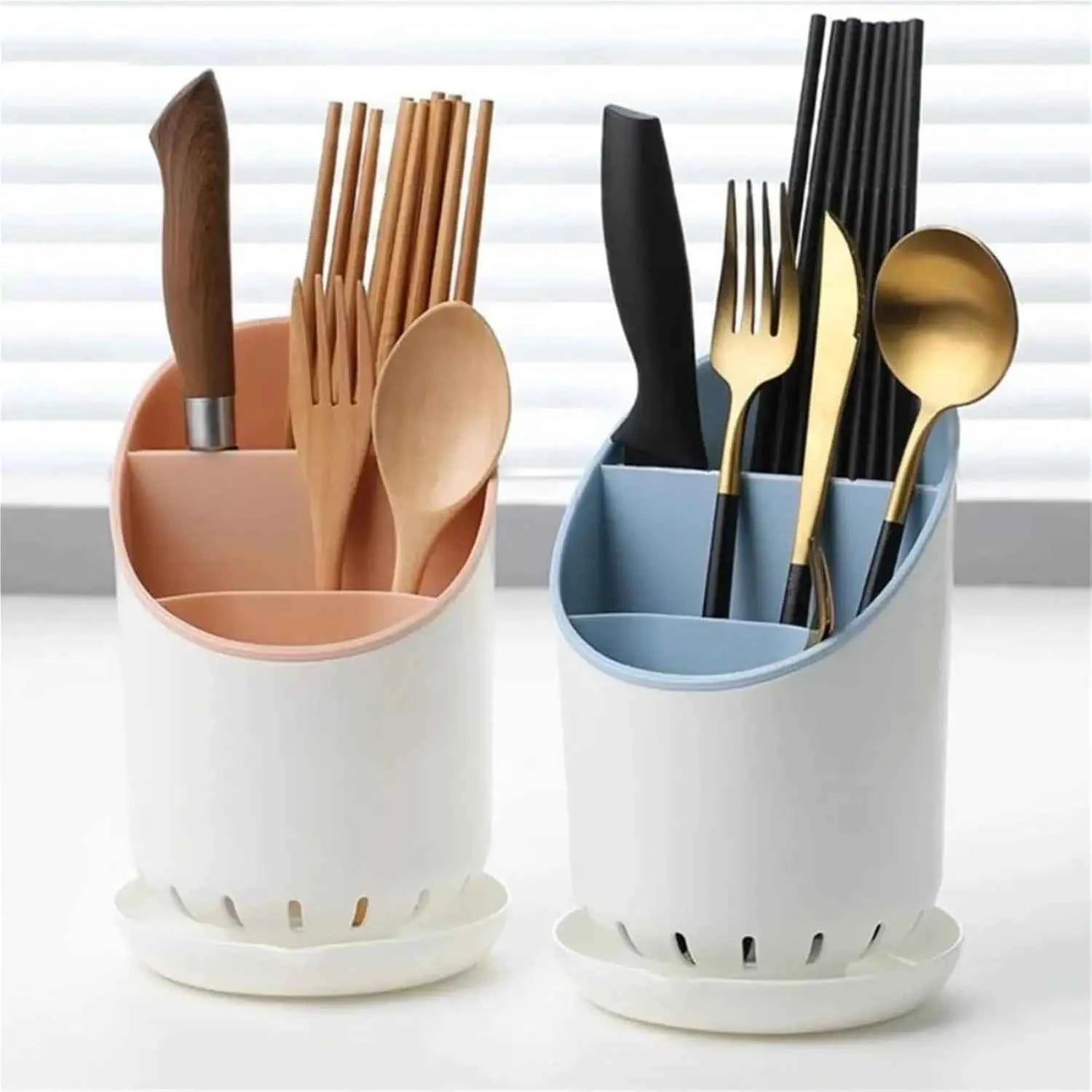 Stylish cutlery holder drying rack in white with pink and blue compartments for organized kitchen utensils
