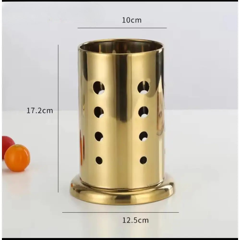 Gold metal cutlery holder for countertop with circular ventilated design and base