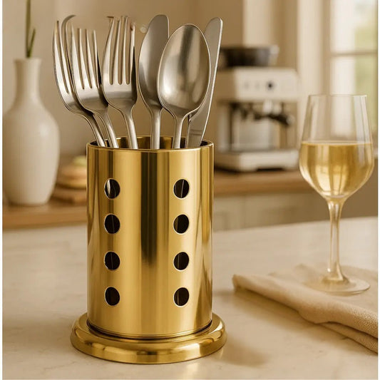 Gold metal cutlery holder for countertop with forks and spoons in a modern kitchen setting