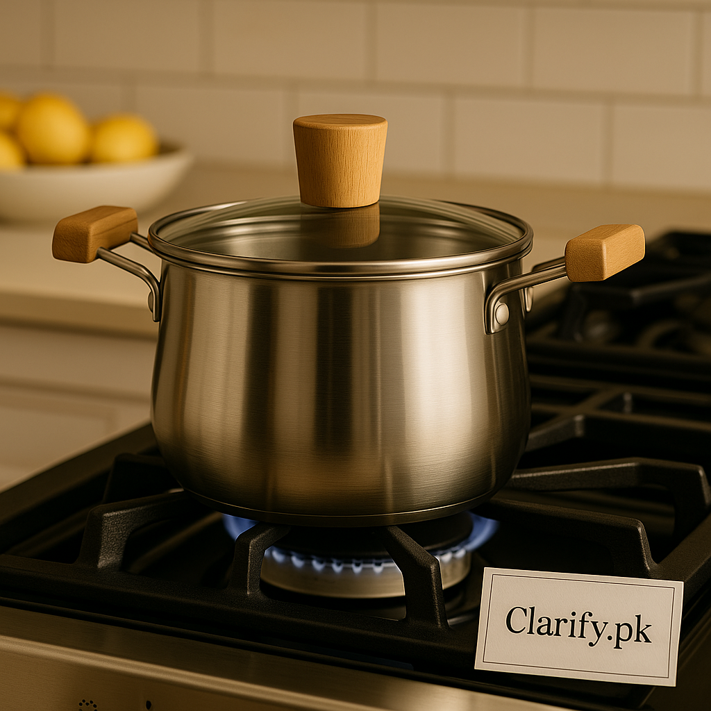 Elegant Stainless Steel Cook Pot – Wooden Grip Handles & Clear Lid