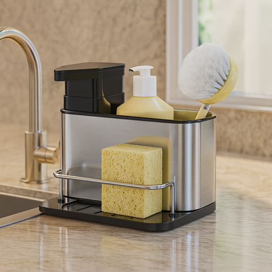3-in-1 Stainless Steel Kitchen Soap Dispenser with Sponge Holder & Sink Organizer