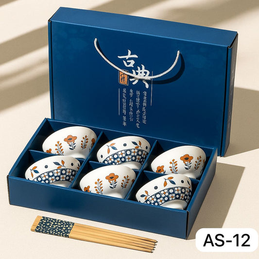 Japanese Ceramic Bowl Set of 6 with Chopsticks – Indigo Floral Print
