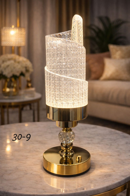 Luxury LED Crystal Spiral Electric Lamp - Modern Patterned Table Light with Gold Base - Trenducts.pk