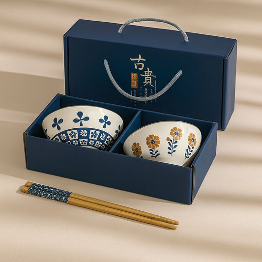 Japanese Ceramic Bowl Set of 2 with Chopsticks – Indigo Floral Print