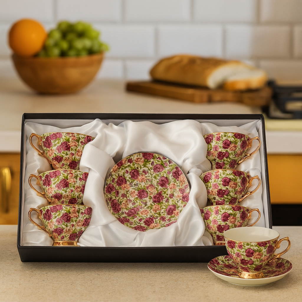 Luxury Floral 6pcs Tea Cup & Saucer Set – Grey & Gold Ceramic Edition