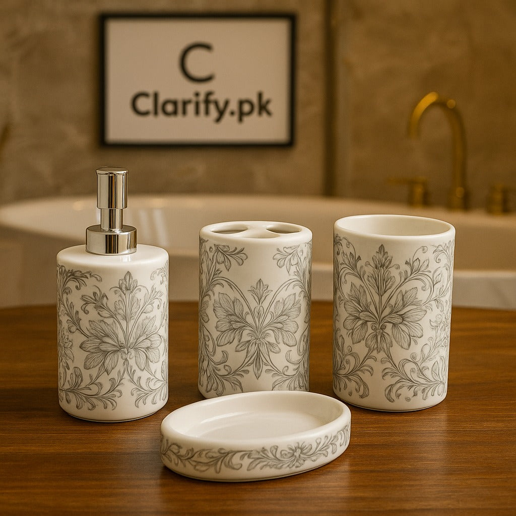 4-Piece Luxury Bathroom Set – White & Grey Floral Design (Random print)