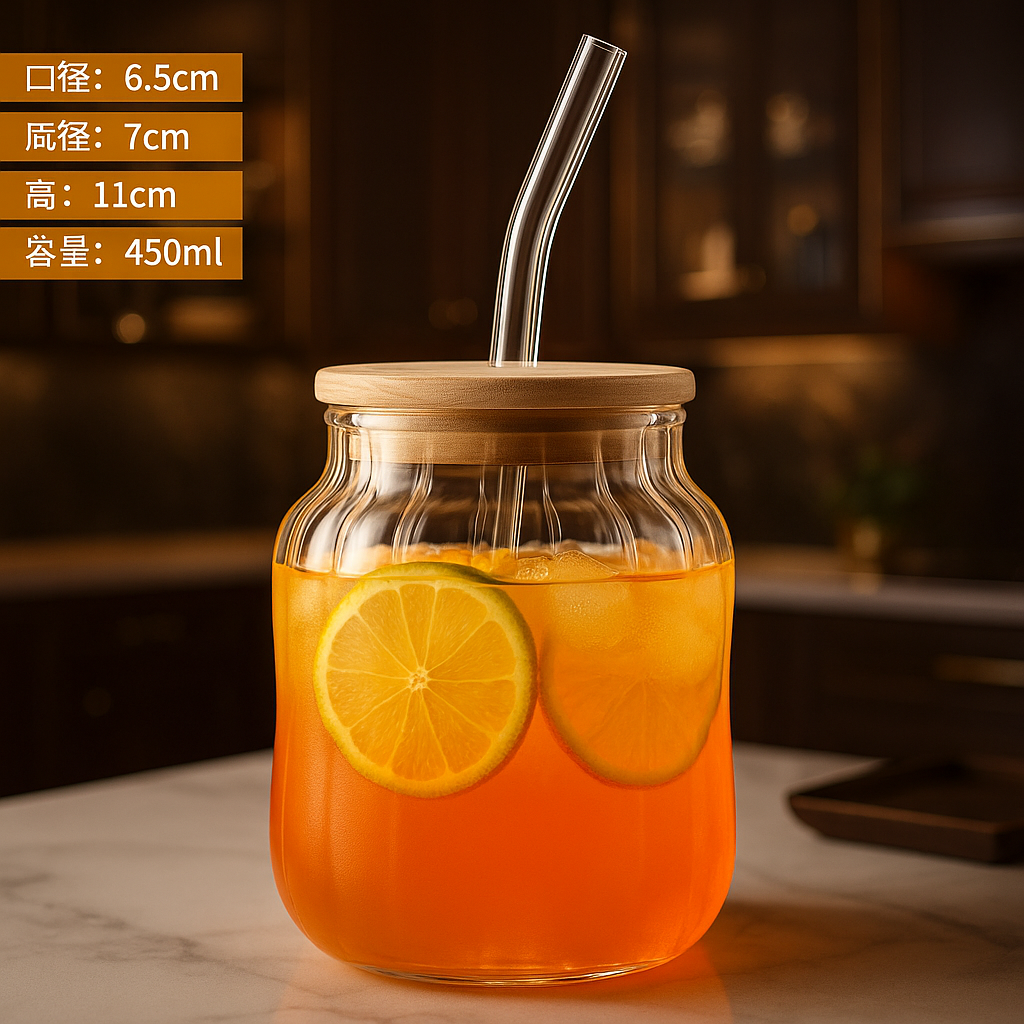 Glass Jar Tumbler – 450ml with Bamboo Lid & Reusable Straw