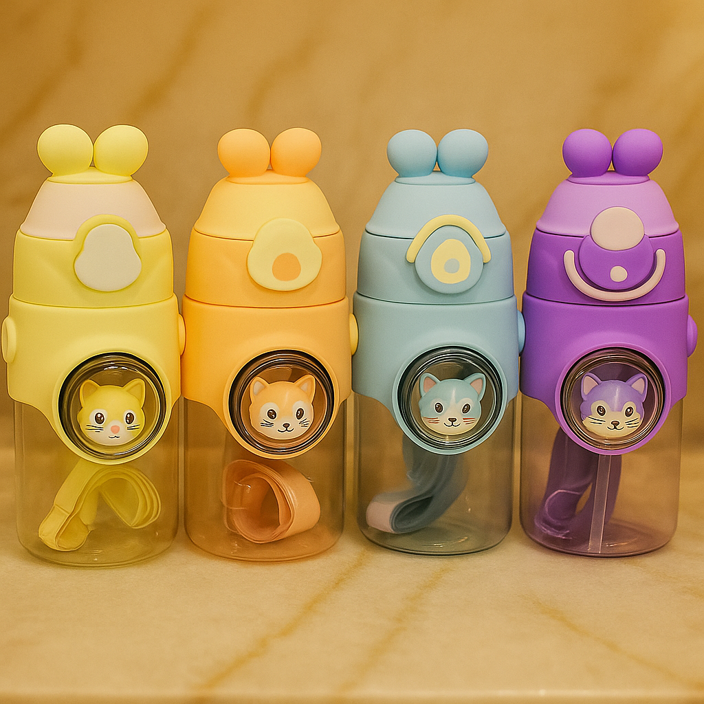 Cute Animal Kids Water Bottle – 500ml with Straw (Random Color)