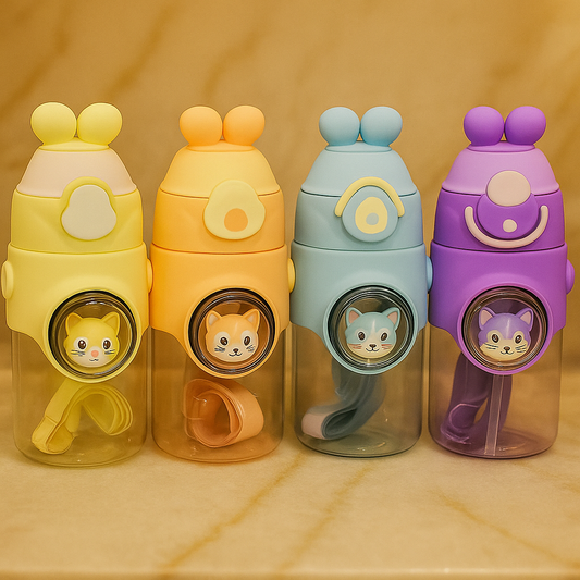 Cute Animal Kids Water Bottle – 500ml with Straw (Random Color)