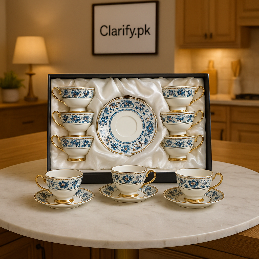 Ceramic 6 Pcs Cup & Saucer Set – Royal Blue Floral Gold Handle Design