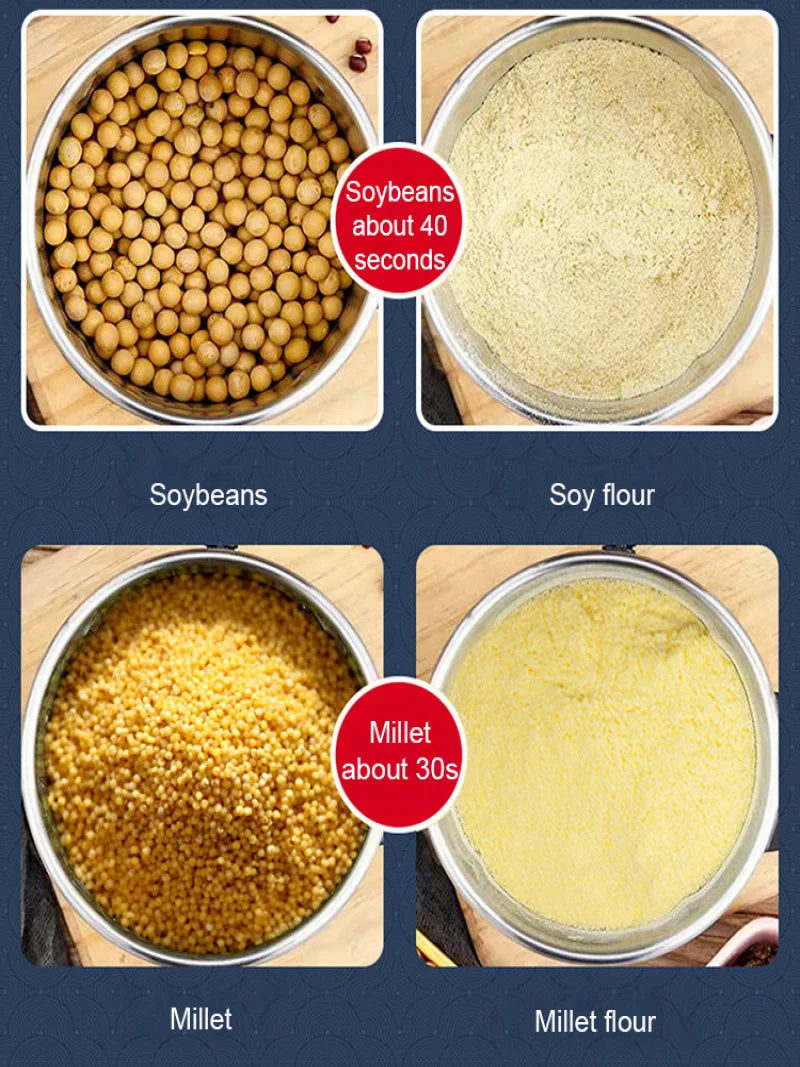 Electric food supplement grinder by Clarify pk processing soybeans and millet into fine flour quickly