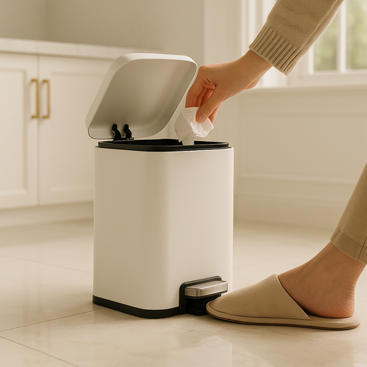 Clarifypk white pedal bin 6L in kitchen with foot pedal open and hand placing tissue into bin