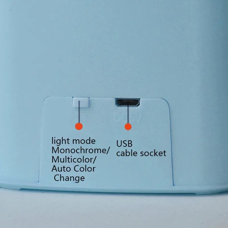 Close-up of ocean light projector USB cable socket and light mode switch for monochrome multicolor and auto color change