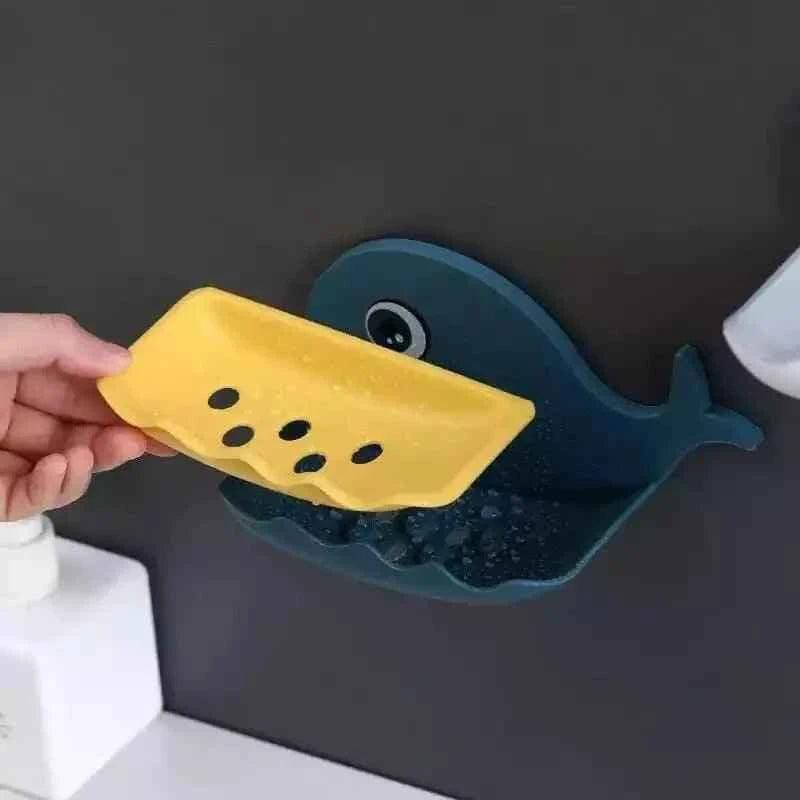 Clarify wall mounted fish soap dish in blue with removable yellow soap holder on bathroom wall