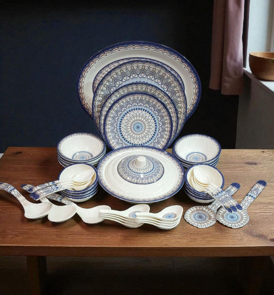 Elegant 68 PCS Melamine Dinnerware - Classic Blue Mandala Style