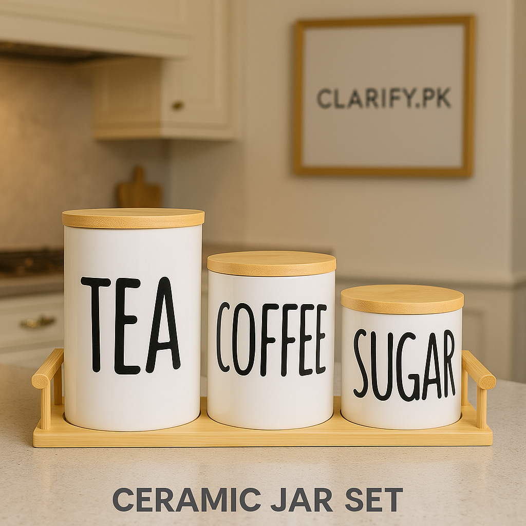 3 Pcs Ceramic Jar Set – Tea, Coffee & Sugar Storage Jars with Bamboo Lids & Wooden Tray