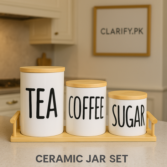 3 Pcs Ceramic Jar Set – Tea, Coffee & Sugar Storage Jars with Bamboo Lids & Wooden Tray