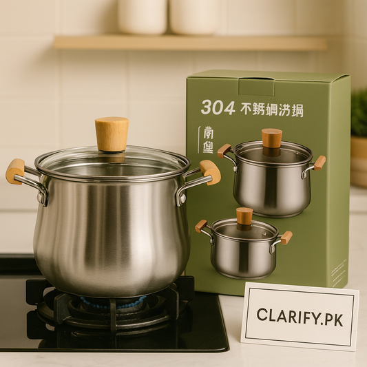 Elegant Stainless Steel Cook Pot – Wooden Grip Handles & Clear Lid
