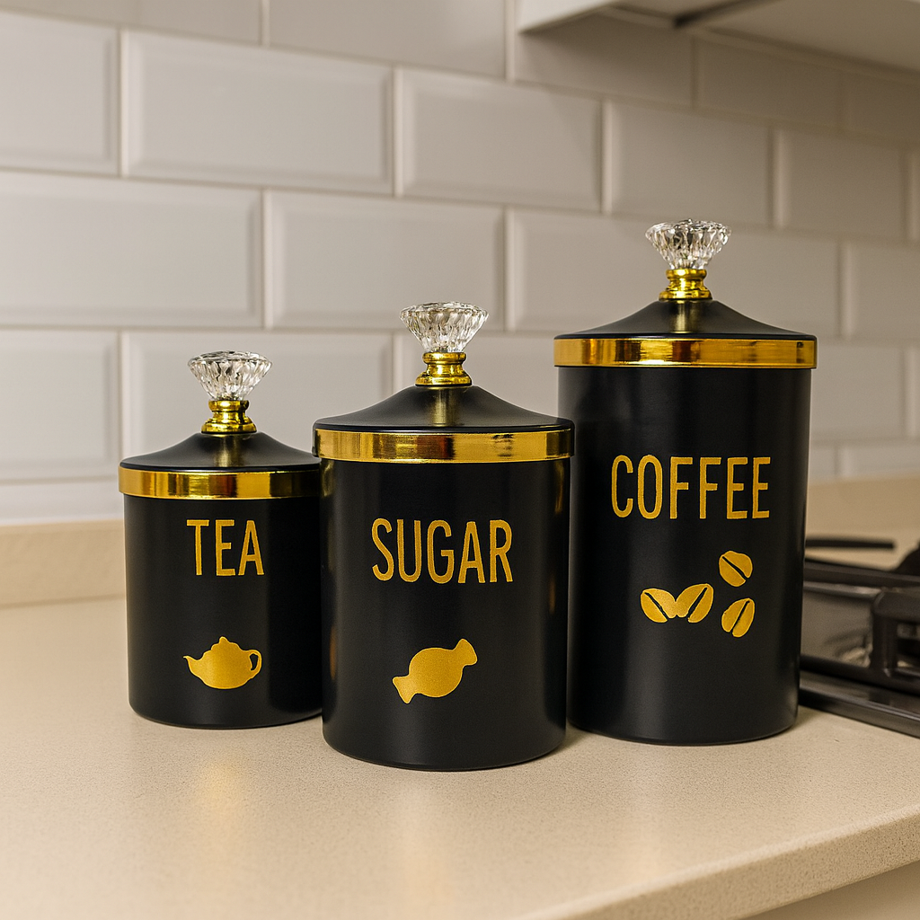 Luxury Tea Coffee Sugar Jar Set – 3 Pcs Plastic Kitchen Storage Containers