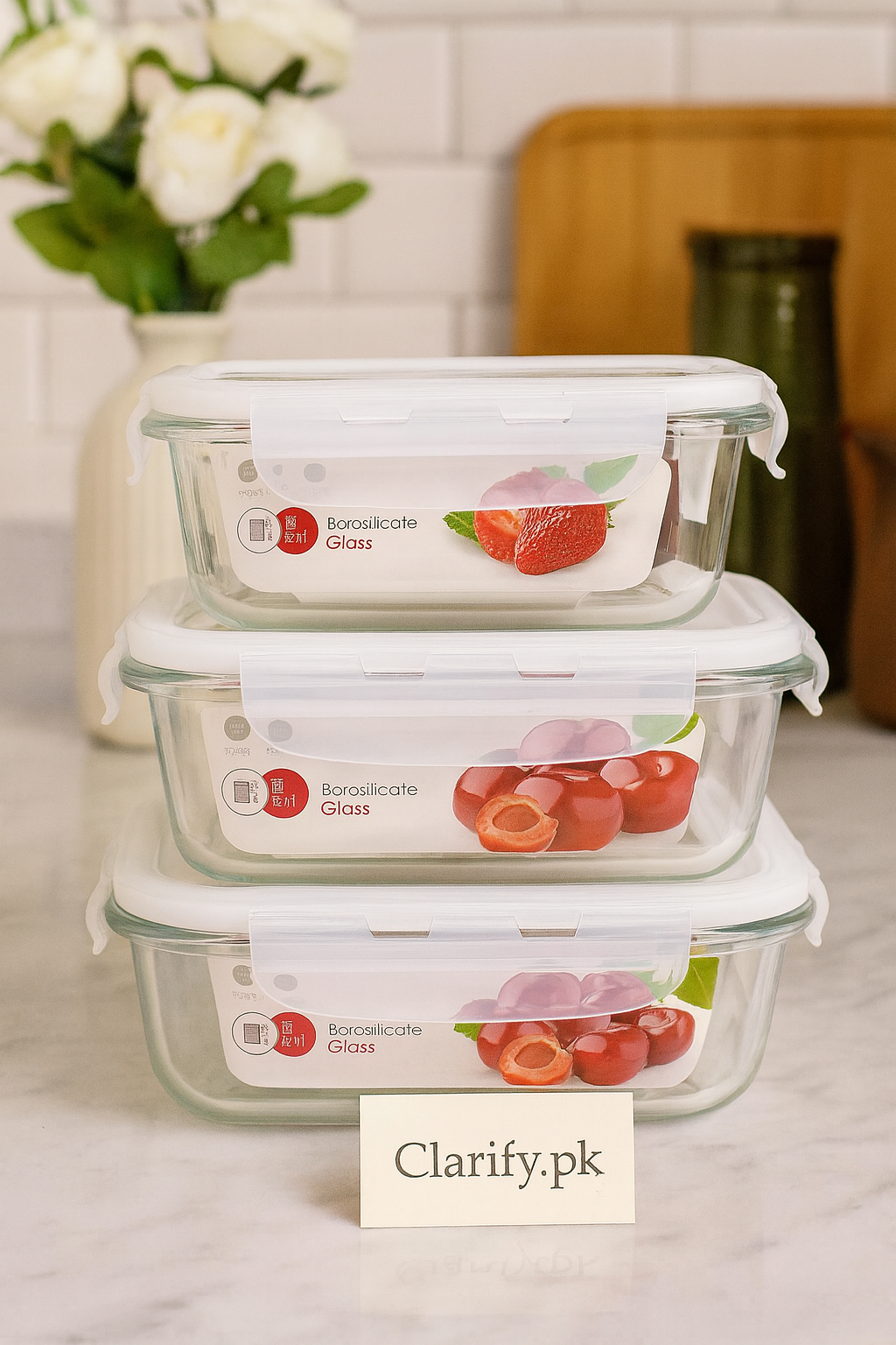 Airtight Borosilicate Glass Bowl Set – 3pcs with Lids (400ml, 630ml, 1000ml)