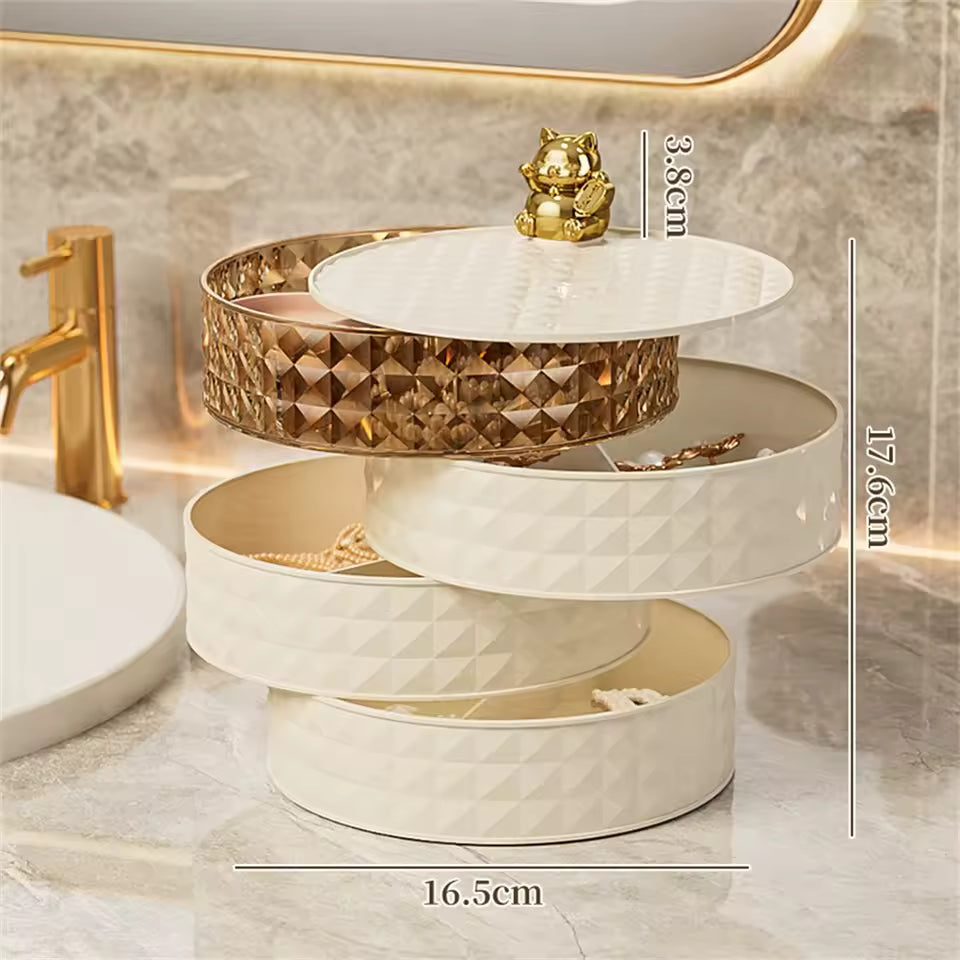 Clarify.pk desktop 4 layer rotating jewelry organizer with gold and white textured storage trays