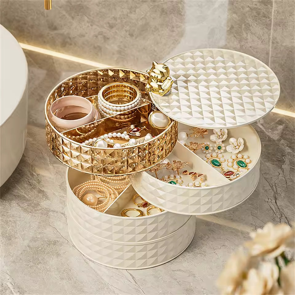 Clarify.pk desktop 4 Layer rotating jewelry organizer storage box with elegant textured design