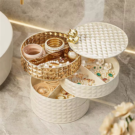 Clarify.pk desktop 4 Layer rotating jewelry organizer storage box with elegant textured design