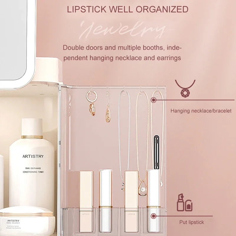 Desktop cosmetic storage box without mirror with double doors and compartments for lipstick and hanging jewelry