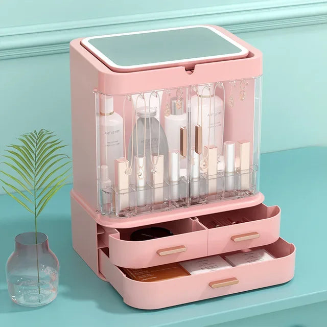 Pink desktop cosmetic storage box without mirror with multiple compartments and drawers for makeup organization