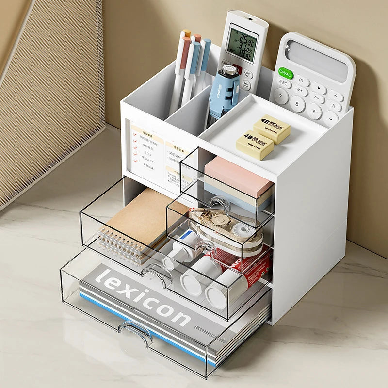 White desktop drawer storage box with clear drawers holding stationery and office supplies