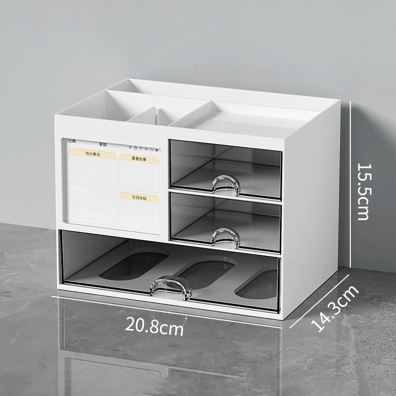 White desktop drawer storage box with multiple compartments and clear handles for organizing office supplies