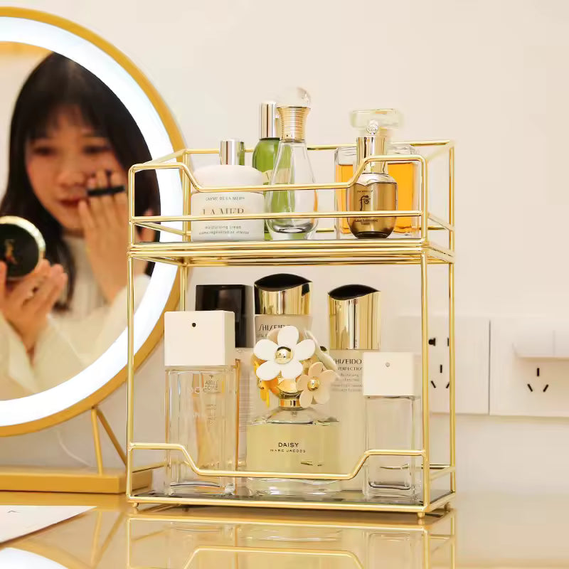 Clarify.pk gold metal desktop makeup organizer rack holding perfume bottles on vanity