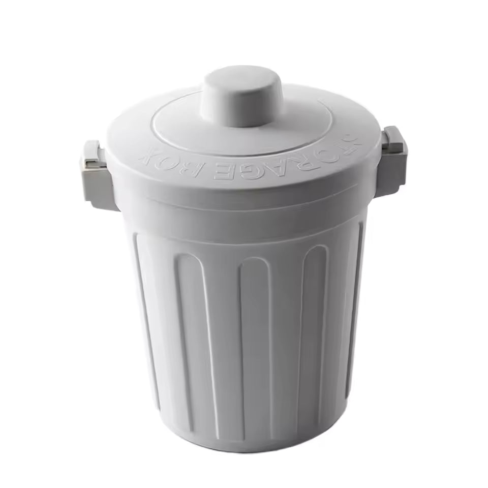 White desktop mini trash can with lid and side handles for office or home use