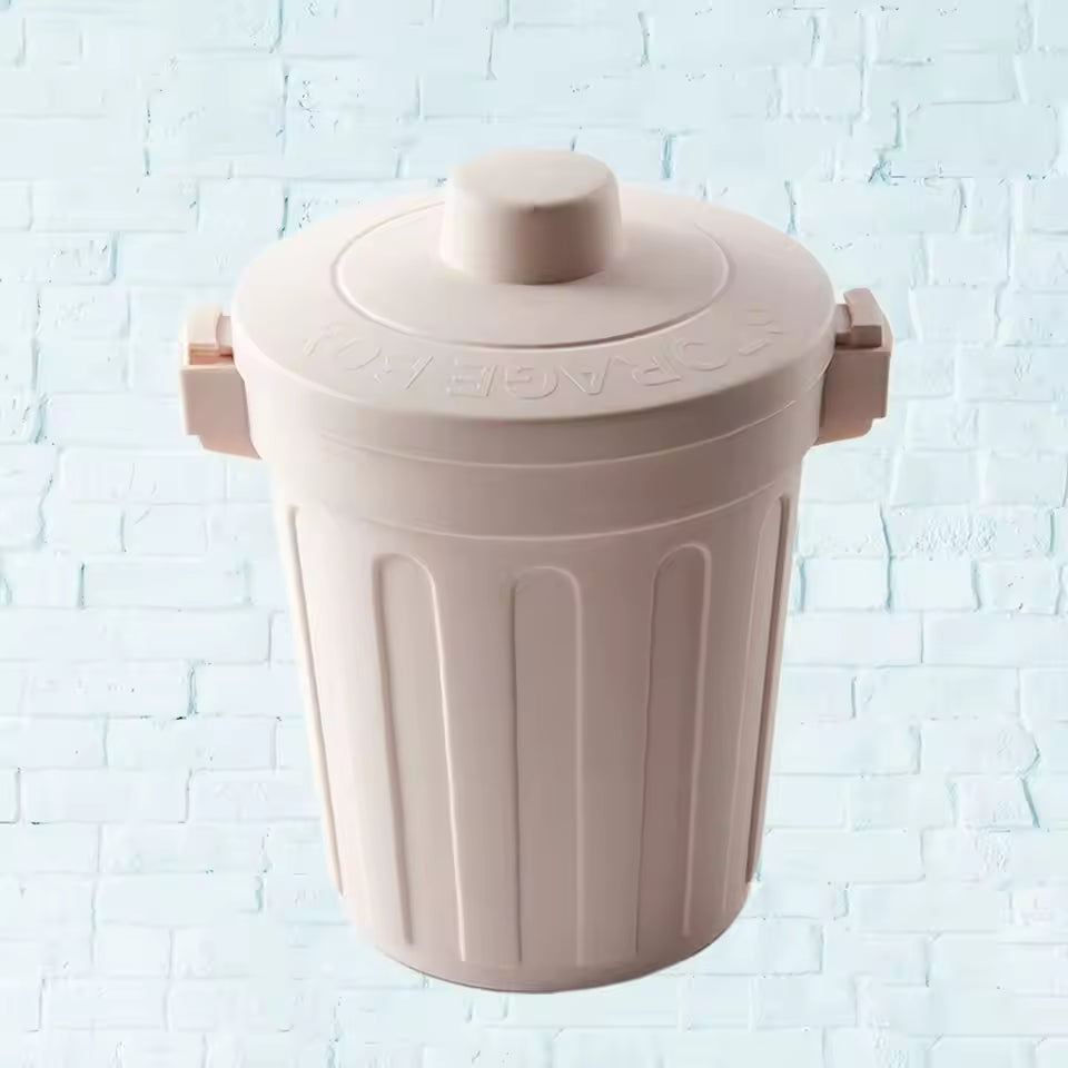Beige desktop mini trash can with lid and side handles for small waste disposal