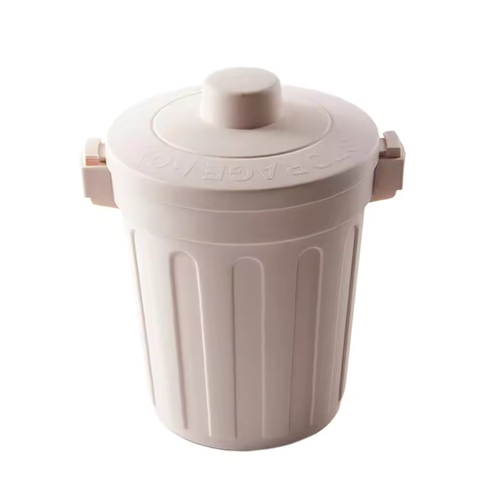 Clarify.pk desktop mini trash can in beige with lid and side handles for small waste disposal