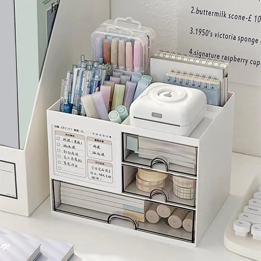 Clarify.pk white stationery container desktop organizer with drawers holding pens notebooks and office supplies
