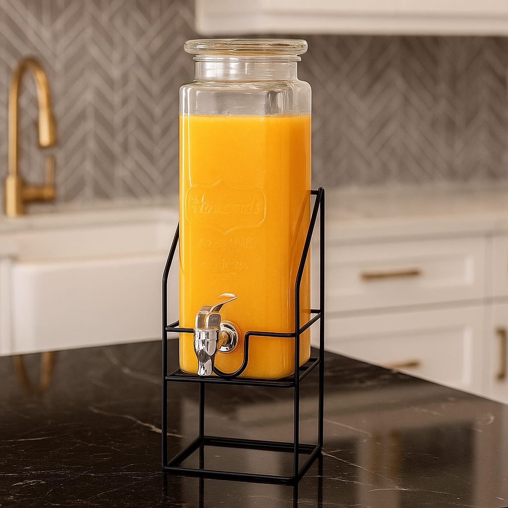 Elegant Glass Juice Dispenser with Durable Metal Base – Beverage Server