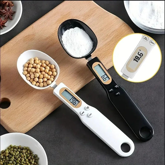 Clarify.pk digital spoon scale in white and black measuring flour and soybeans on wooden board