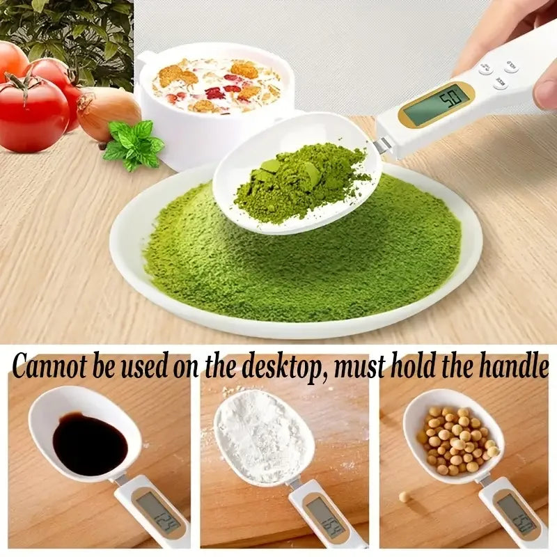 Clarify.pk digital spoon scale measuring green powder and other ingredients with a clear LCD display