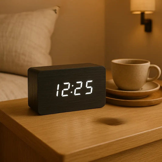 Digital wooden alarm clock with white LED display on wooden bedside table next to coffee cup