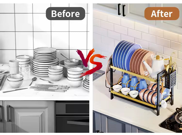 Before and after comparison of a kitchen countertop cluttered with dishes versus neatly organized with dish drying rack by Clarify.pk