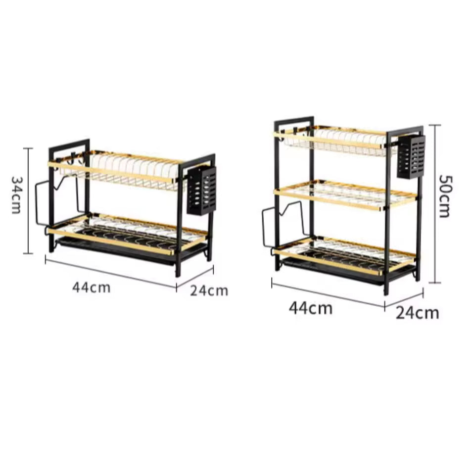 Clarify.pk black and gold two-tier and three-tier dish drying rack with utensil holder and dimensions