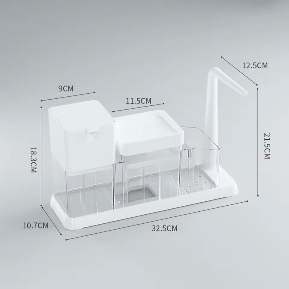 Clarify.pk dish soap dispenser caddy with multiple compartments and spout for organized kitchen cleaning