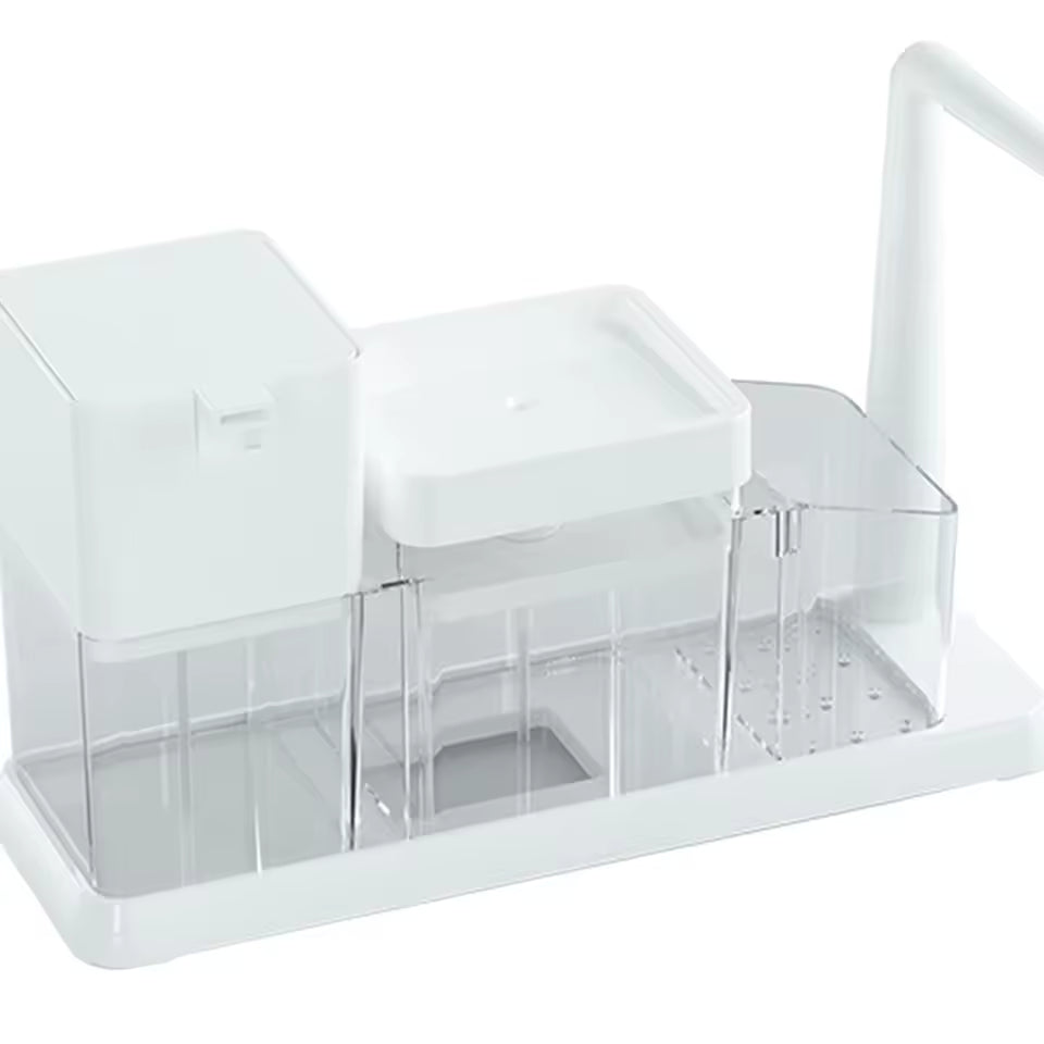 Clarify.pk white dish soap dispenser caddy with multiple compartments for kitchen organization