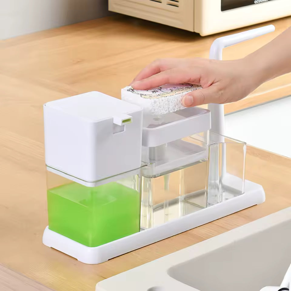 Clarify.pk white dish soap dispenser caddy with sponge holder and pump on wooden kitchen counter