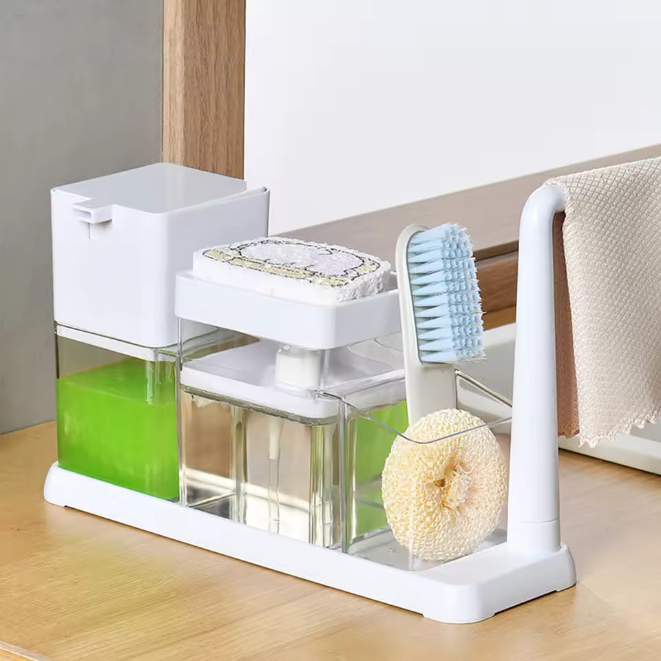 Clarify.pk dish soap dispenser caddy with two soap dispensers, scrub brush, sponge, and towel holder in white