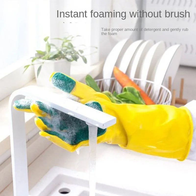 Clarify.pk yellow dishwashing gloves with sponge scrubbing hand washing vegetables under kitchen sink faucet