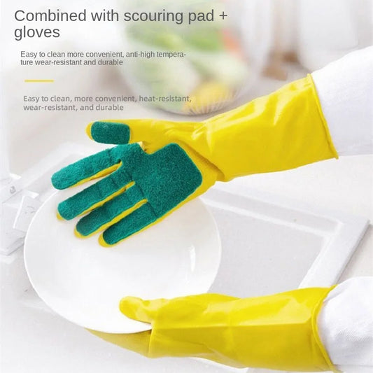 Yellow dishwashing gloves with sponge scouring pad on palm for easy cleaning and durability