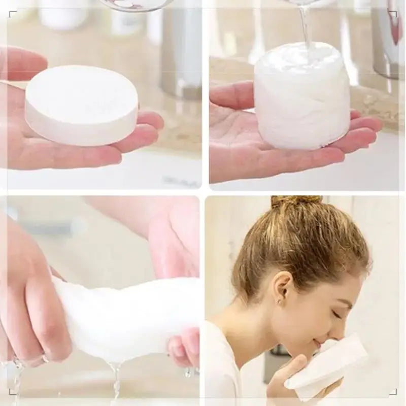 Disposable bath towel expanding from solid tablet to soft towel held by woman for facial use
